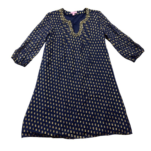 Lilly Pulitzer Dresses & Skirts - Lilly Pulitzer Size 0 Navy Blue and Gold Silk Colby Tunic Dress